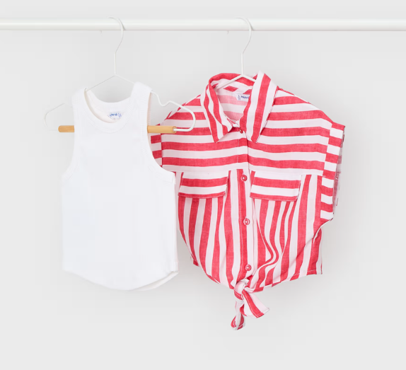 Mayoral Stripe Tie Waist Blouse & Vest Set Style 3196 -Persimmon
